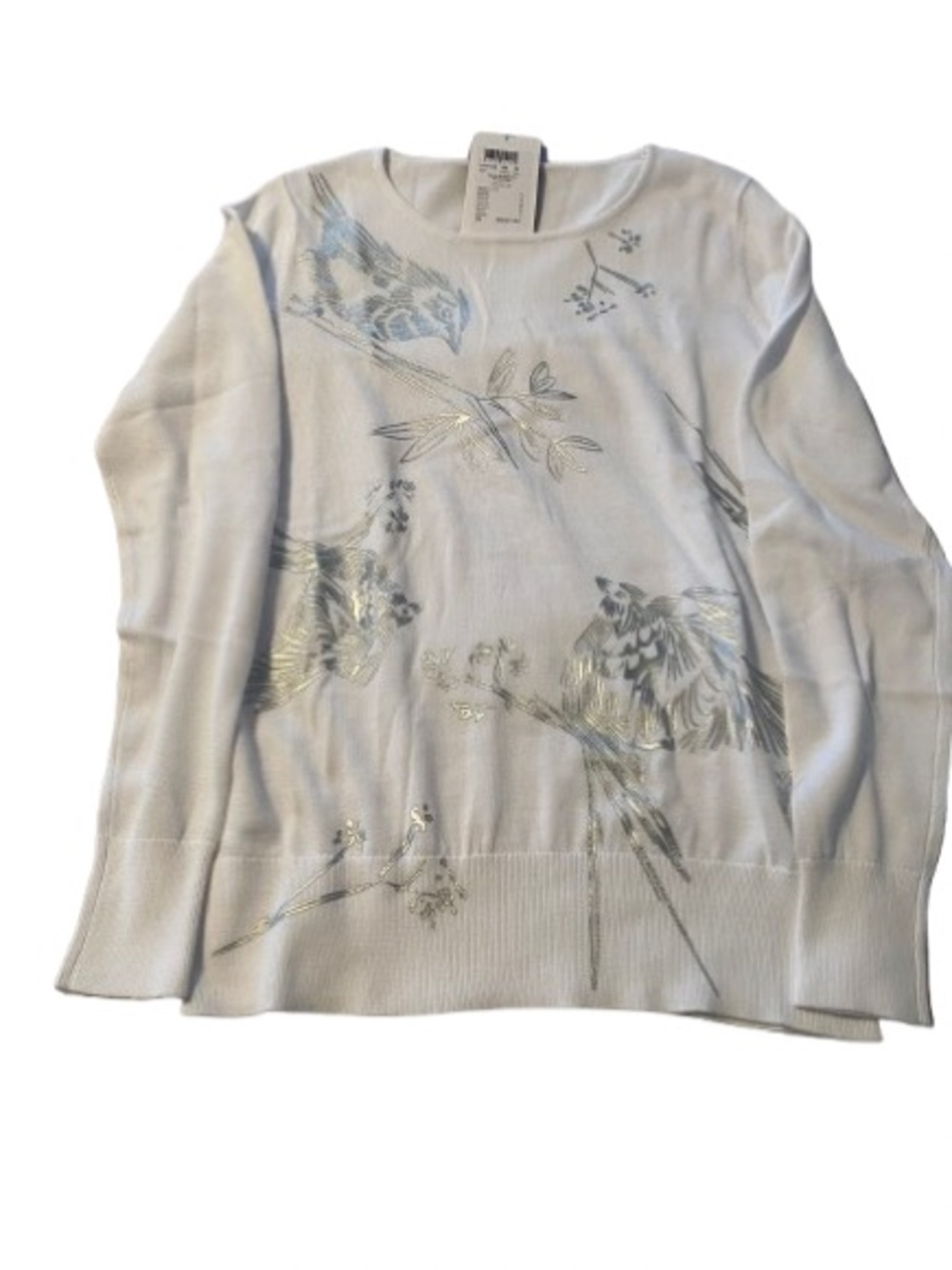 Women’s White Long-Sleeve Crewneck Sweater with Metallic Bird Print Pima cotton